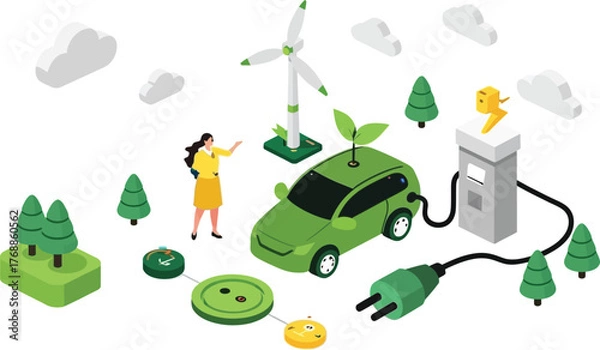 Obraz Embrace sustainable transportation with a green electric car powered by wind energy, promoting a cleaner environment for future generations, it's truly eco-friendly