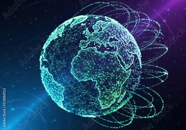 Fototapeta Glowing digital earth with interconnected data streams in outer space