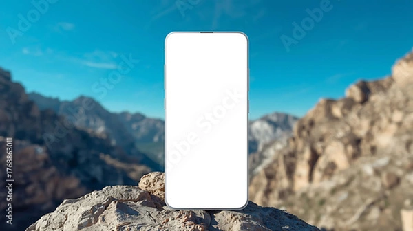 Fototapeta Front view smartphone with blank white screen on rocky mountain background and blue sky