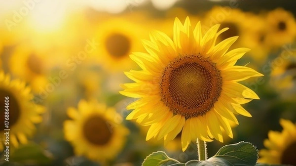 Fototapeta Close up of a vibrant sunflower in a field during golden hour