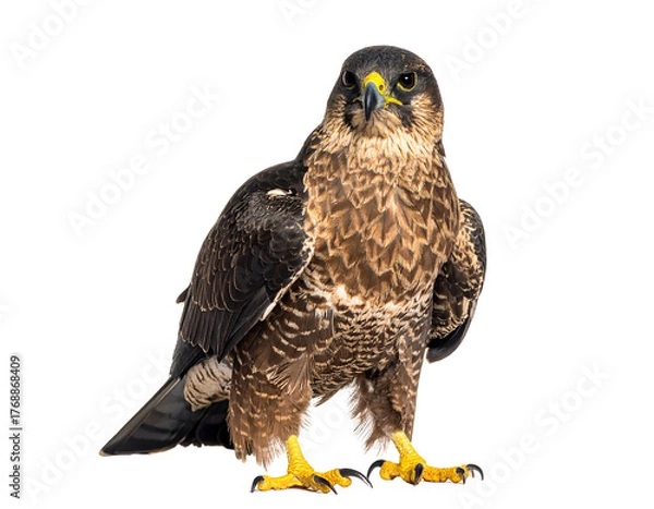 Fototapeta A majestic brown and black bird of prey stands tall with piercing yellow eyes