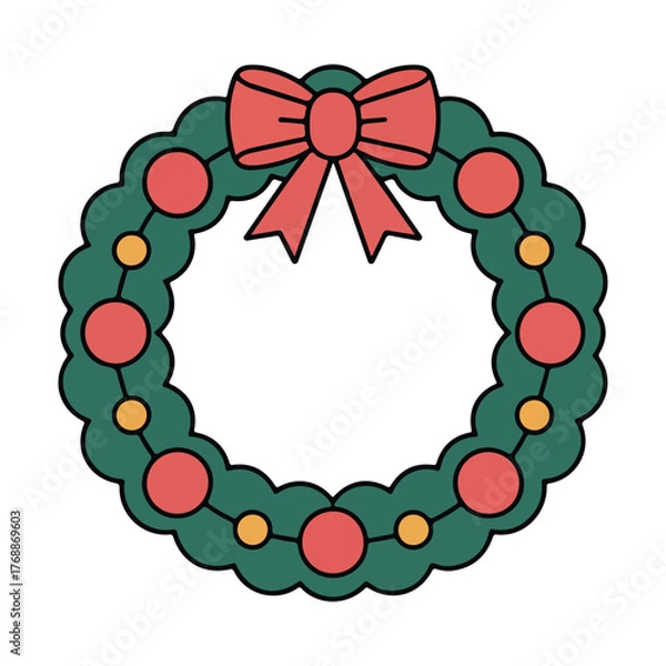 Obraz Christmas wreath with red bow cartoon vector, festive holiday decoration illustration, xmas ornament design isolated