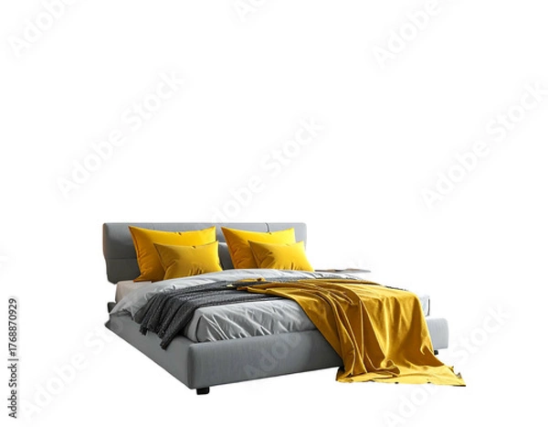 Fototapeta Soft bed with yellow pillows and throw, against a dark backdrop. Comfortable and inviting bedroom scene