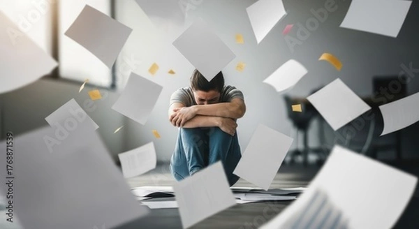 Fototapeta A man sits surrounded by flying papers with his head in his arms in a modern office space