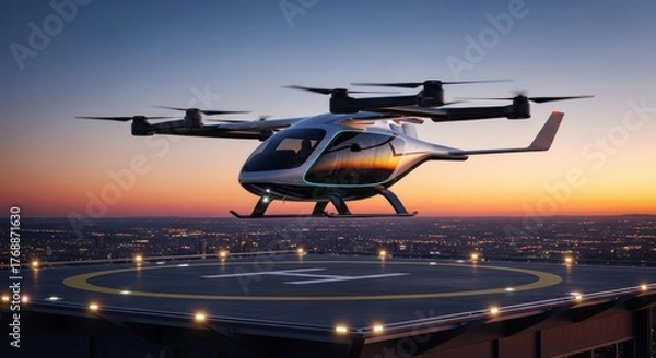 Fototapeta An electric vertical takeoff and landing aircraft landing on a rooftop helipad at sunset time