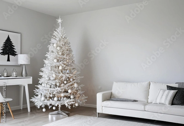 Fototapeta Minimalist white Christmas tree with silver and crystal ornaments, modern apartment setting