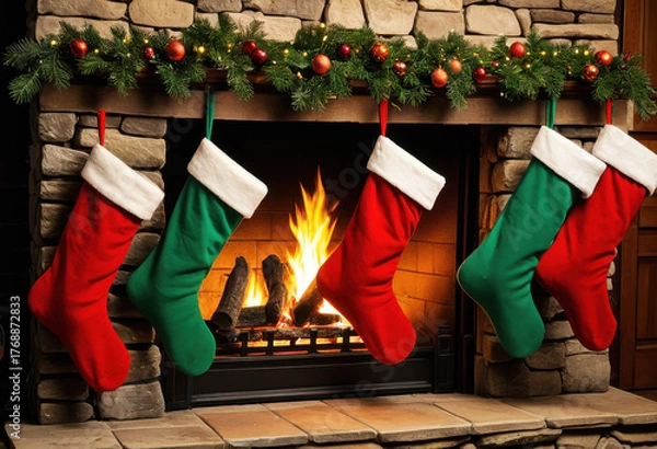 Fototapeta Vintage red and green Christmas stockings hung on a stone fireplace, glowing embers below