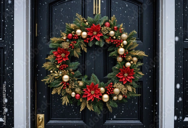 Fototapeta Ornate gold and red Christmas wreath on a dark wooden door, snow falling gently