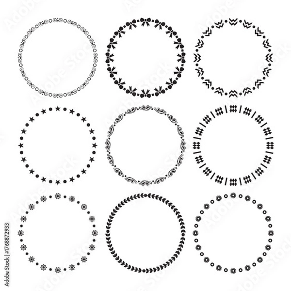 Obraz Black assorted blank round repeat pattern borders emblems icons design elements set on white background