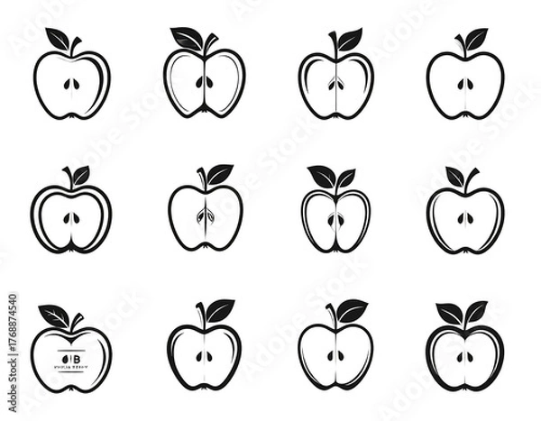 Fototapeta A pattern of twelve stylized, halved apple illustrations with stems and leaves against a solid black background