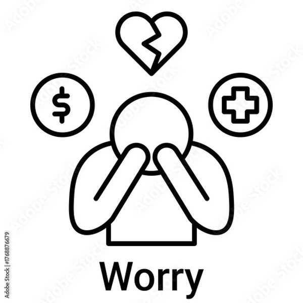 Fototapeta Worry Icon in Outline Color Style. Head holding, fear, and trouble thinking symbol. Stress sign vector.