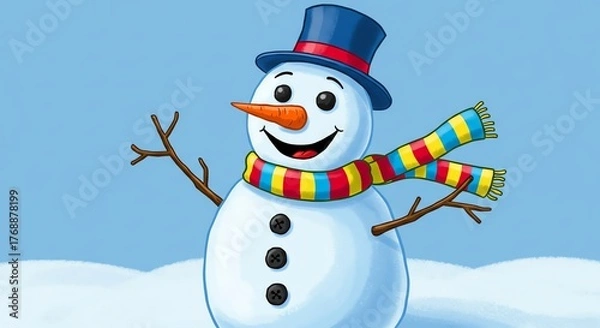 Fototapeta Happy Snowman Wearing a Blue Hat and Colorful Scarf Illustration