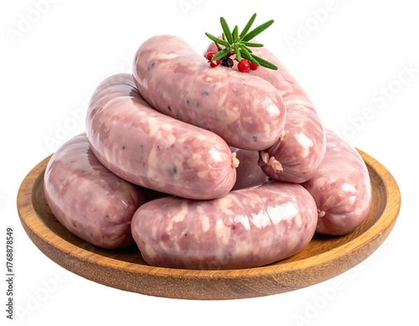 Fototapeta A pile of raw sausages on a wooden plate, garnished with rosemary and pepper