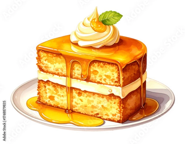 Fototapeta Slice of moist cake with dripping caramel, cream filling, whipped topping, and mint, on white plate