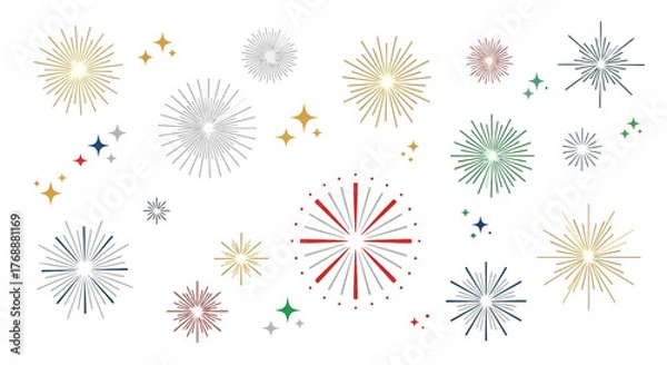 Obraz Festive Burst Collection of Decorative Starbursts and Sparkles for Celebrations and Design Projects, Ideal for Festive Greetings, Holiday Promotions, or Party Invitations.