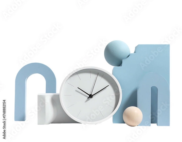 Fototapeta Still life white clock with geometric blue & white shapes set against a black background in bright sunlight