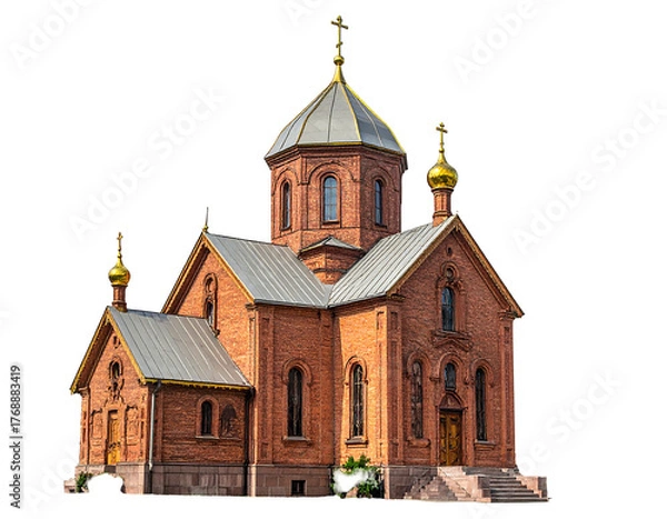 Fototapeta A red brick Orthodox church with silver and gold domes stands against a stark black backdrop in this striking image