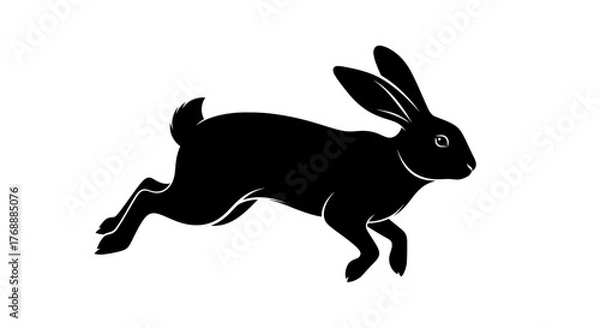 Fototapeta A black silhouette of a rabbit is running or jumping, isolated on a white field.
