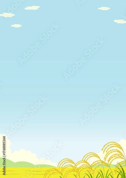 Fototapeta 山や田んぼに実った稲穂の自然の縦型の風景イラスト

