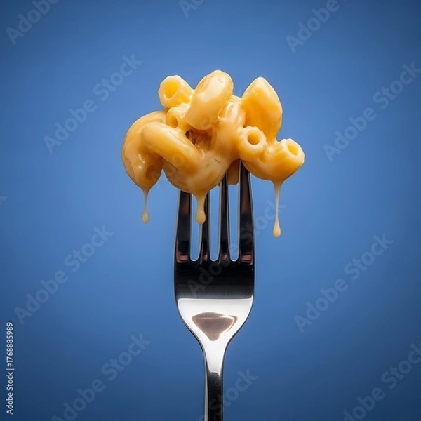 Obraz Close up of melted macaroni and cheese dripping from fork on blue background, delicious comfort food concept with vibrant color contrast