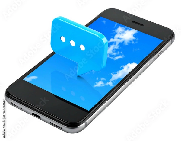 Fototapeta Smartphone shows sky. Blue speech bubble with three dots sits above. Modern tech communication concept render