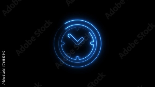 Obraz Glowing neon blue clock icon against a solid black background illustrating punctuality