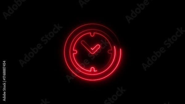 Obraz Glowing red neon clock icon against a solid black background represents time