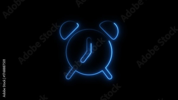 Obraz Glowing neon blue alarm clock icon on a black background representing time and reminder