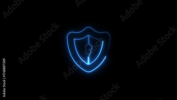 Obraz Illuminated neon shield security symbol over black background represents data protection