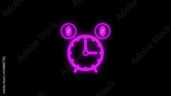 Obraz Neon clock representing time is money concept illuminated against a black background