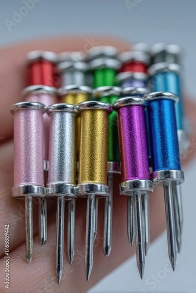 Obraz Multi-colored thumbtacks held closely in a human palm