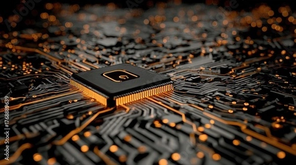 Obraz Detailed CPU with glowing circuit trails on a dark surface