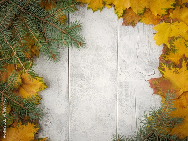 Obraz Gold yellow fall maple leaves and evergreen pine spruce branch needles greenery on white rustic wood plank table. Autumn seasonal overhead flatlay