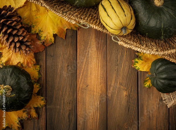 Obraz Garden Harvest basket with squash gourds and gold yellow fall maple leaves on brown rustic wood plank table. Autumn seasonal overhead flatlay