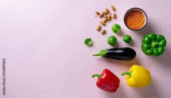 Fototapeta Overhead flat lay of assorted colorful vegetables and spices on a pink background with a shallow depth of field.
