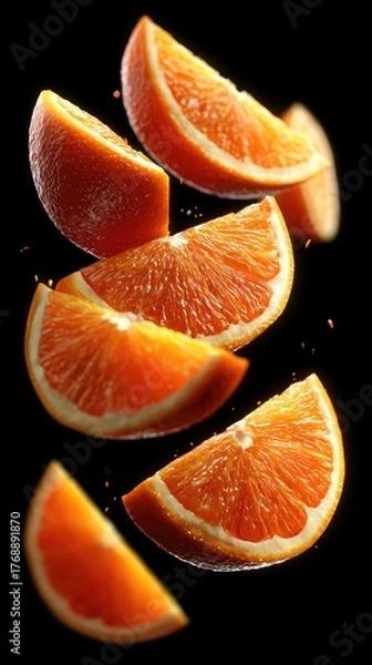 Obraz Sliced orange segments float against a stark black background