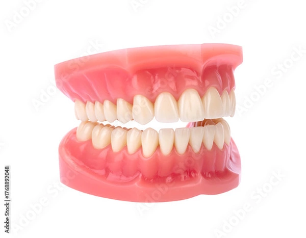 Fototapeta A set of artificial teeth with pink gums, gleaming white against a black background, displayed in a clean, detailed studio shot