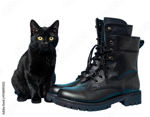 Fototapeta A shiny black cat sits next to a pair of tall black lace-up boots on a black background, giving a cute aesthetic