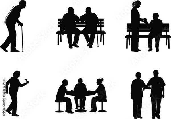Obraz Silhouette scenes of elderly care, companionship, physical activity, and social interaction with caregivers in peaceful community and wellness settings