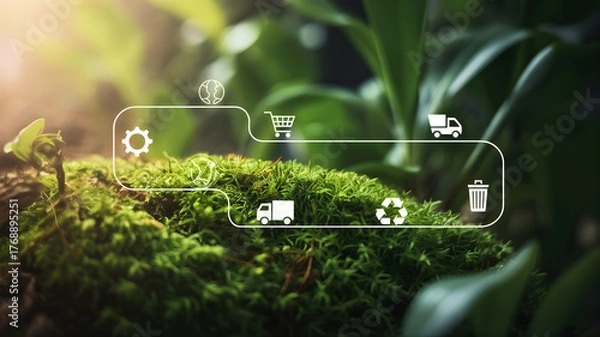 Obraz Conceptual illustration of a sustainable product lifecycle, from production to recycling, highlighting the circular economy and green business practices