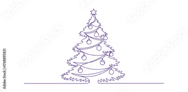Fototapeta Christmas tree line drawing, showcasing a continuous line of pine, ideal for festive decorations during Christmas or New Year. It's a contour sketch in a single line style vector illustration.