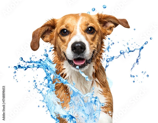 Fototapeta Smiling brown and white dog portrait with a splash of blue water effect