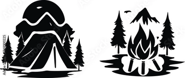 Fototapeta Camping adventure vector set featuring tents, campfire, forest, and mountain scenes under moon and stars, symbolizing outdoor exploration and nature travel.