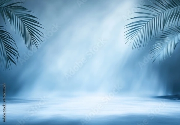 Fototapeta Tropical blue backdrop with palms, light rays, and stage