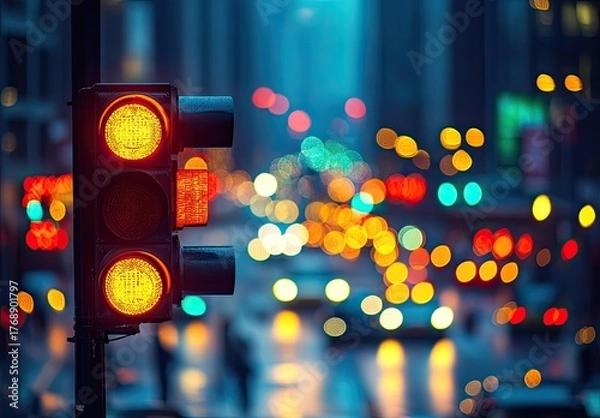 Fototapeta Traffic light glows in bokeh-blurred city streets at night