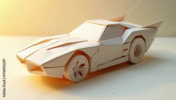 Obraz A skillfully crafted origami model of a sports car, showcasing intricate folds and geometric shapes rendered in shades of white, illuminated with soft, warm lighting, presenting a minimalist and...