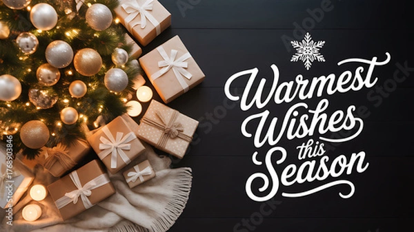 Fototapeta Christmas tree with ornaments and wrapped gifts on a dark wooden background, featuring festive text 'Warmest Wishes this Season'