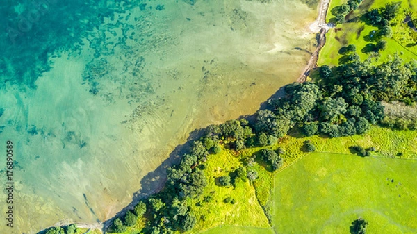 Fototapeta Aerial view on a farmland on the shore of sunny harbour. Whangaparoa peninsula, Auckland, New Zealand