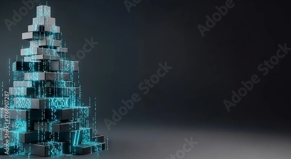 Fototapeta Geometric Christmas tree sculpture built from transparent cubes glowing in teal digital light.