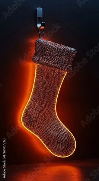 Fototapeta Hanging Christmas stocking illuminated by orange and red neon lights against dark background.